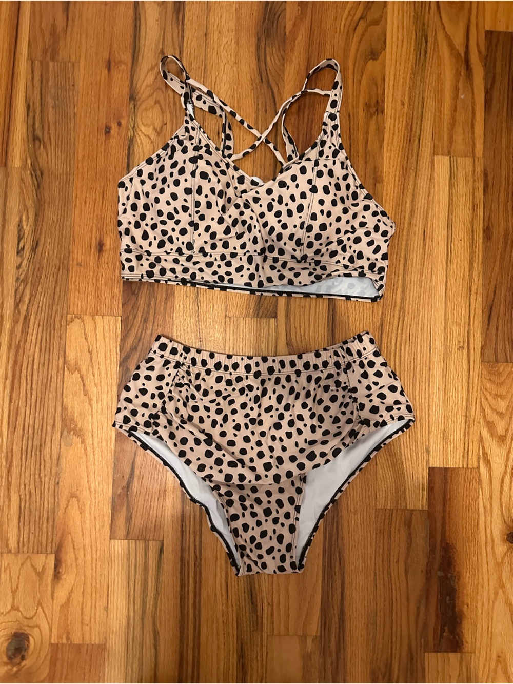 Chic Soul Beige and Black Polka Dot High-Waist Bikini Set